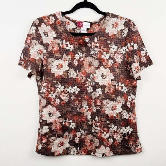 JM Collection Tops - JM Collection Women's Medium Floral Textured Stretch Top Brown Orange Cream